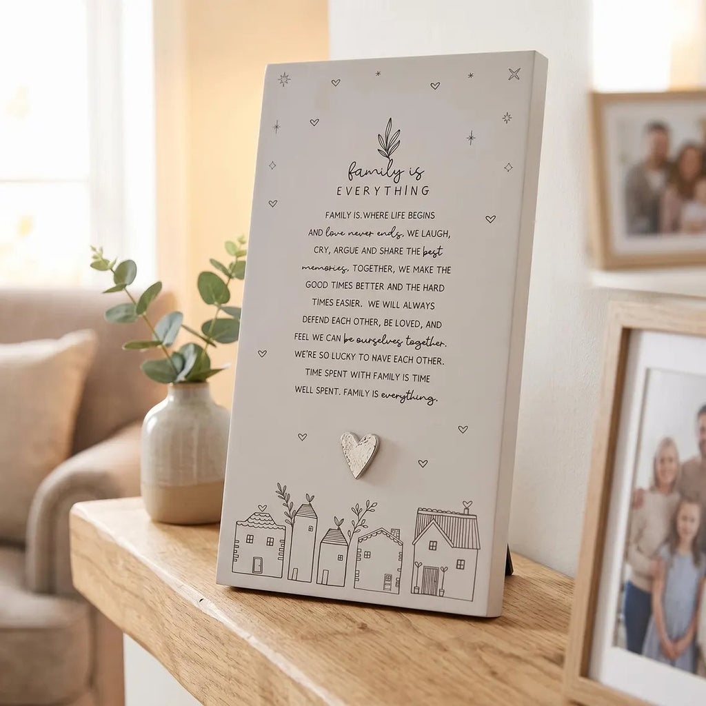 Family Is Everything Plaque Gift – Standing Plaque With Sentimental Quote & Raised Heart