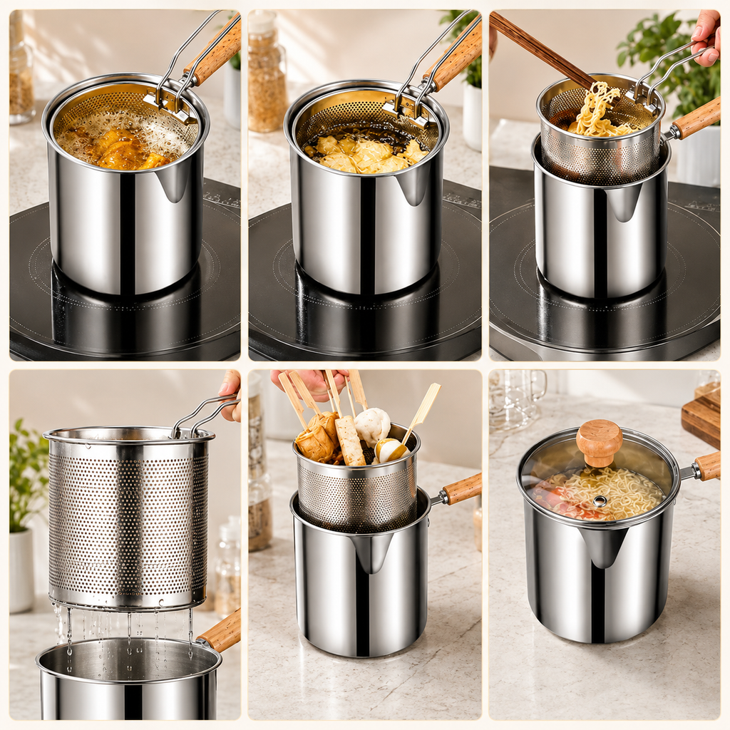 Personal Mini Deep Fryer Set – Stainless Steel Pot with Lift-Out Draining Basket & Food Tongs
