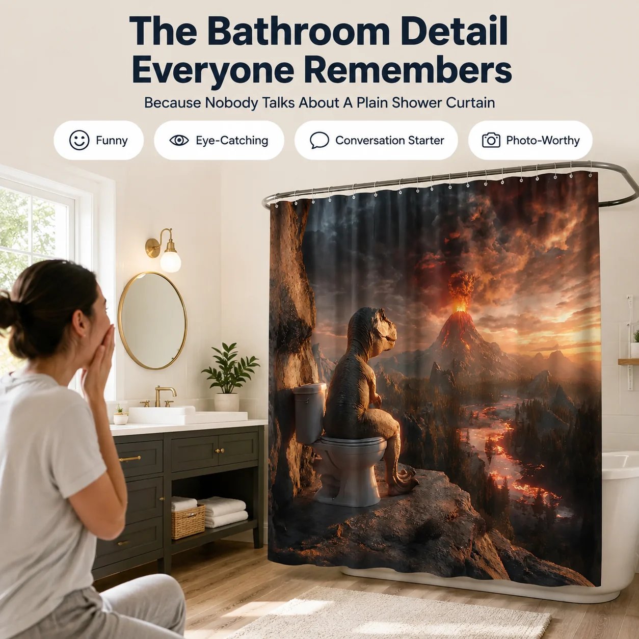 Fun Dinosaur Volcano Bathroom Shower Curtain