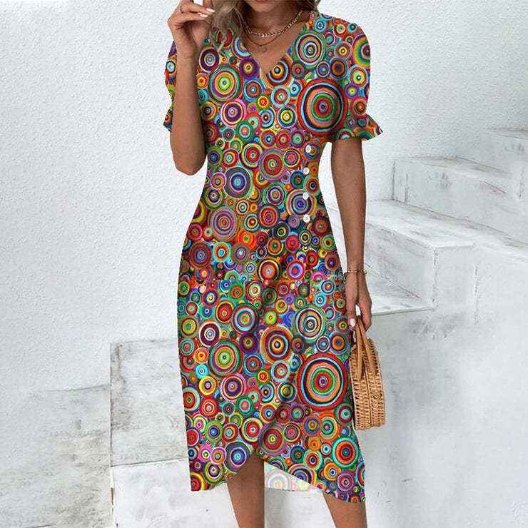Slim-fit Women's Geometric Collage Bubble Sleeves Irregular hem Dress Sub Female Split Dress Summer Floral dress