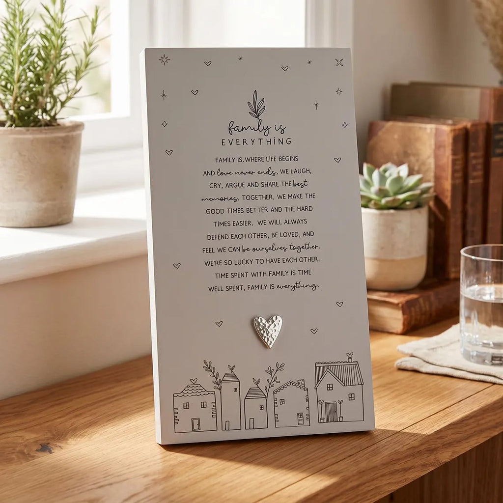 Family Is Everything Plaque Gift – Standing Plaque With Sentimental Quote & Raised Heart